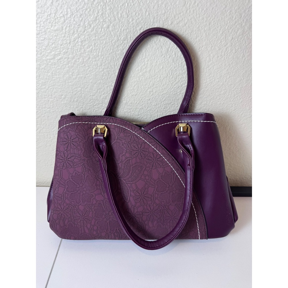 Y2K Purple Faux Leather Lace Overlay Satchel Bag Women Medium Structured Chic
